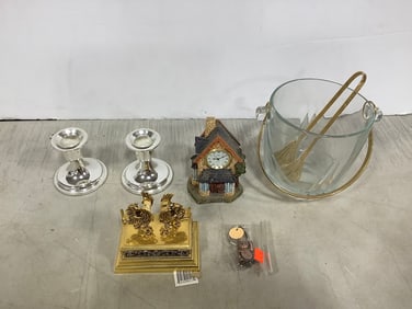 Cystal ice bucket(5in.tall), sterling silver candlesticks, and more