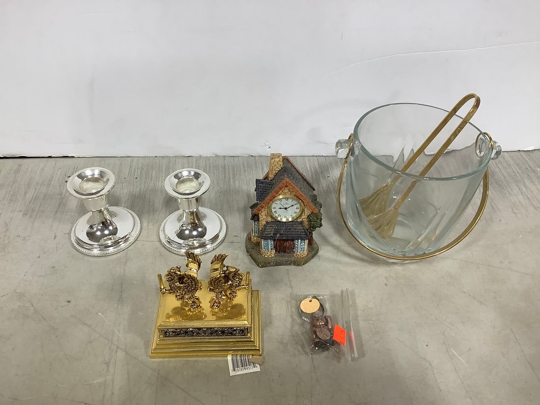 Cystal ice bucket(5in.tall), sterling silver candlesticks, and more: Cystal ice bucket(5in.tall), sterling silver candlesticks, and more