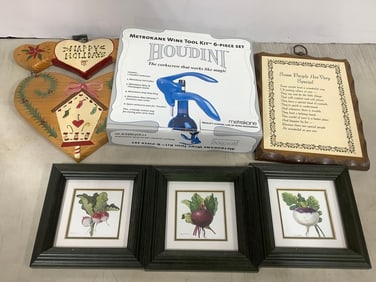 Houdini metrokane wine tool kit 6 piece set, framed wall decor, and more