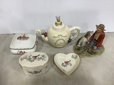 Ceramic teapot, Norman Rockwell statue(6in.tall), heart shaped plate, and more