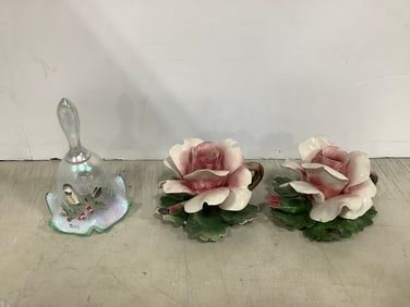 Nuova Capodimonte rose shaped candleholders and hand painted bell(7in.tall)