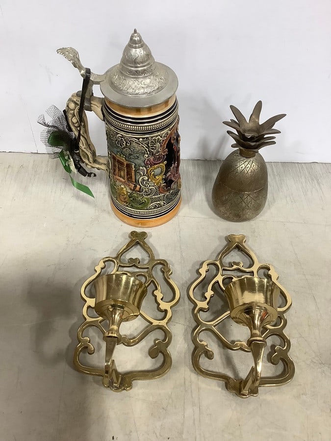 Brass sconces, stein(10in.tall), and pineapple shaped candleholder (1 of 1)
