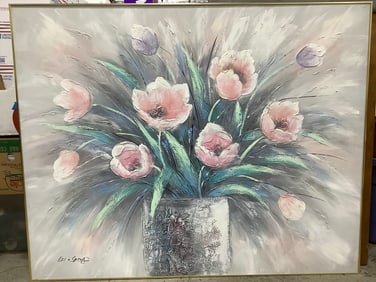 Framed Oil on Canvas Painting Signed Lu Song (40.25in.x50.25in.)