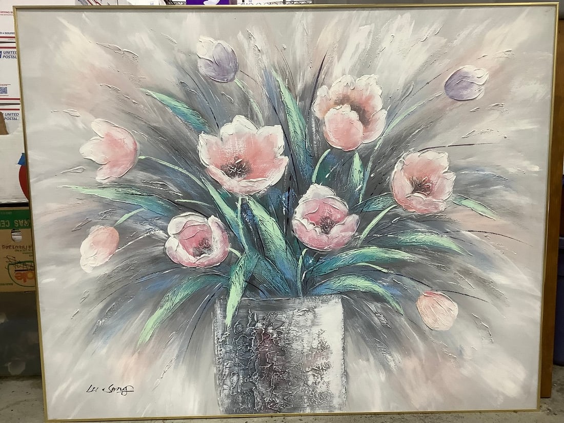 Framed Oil on Canvas Painting Signed Lu Song (40.25in.x50.25in.): Framed Oil on Canvas Painting Signed Lu Song (40.25in.x50.25in.)