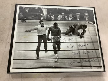 Framed black and white Muhammad Ali photographic print signed(8.25in.x10.25in.)
