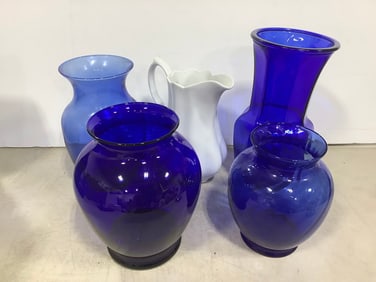 Various Blue Glass Vases and Milk Glass Pitcher (Tallest - 9.5in)