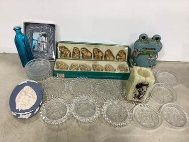 Ceramic Lucky Elephants, Vintage Zipper Frog Bank (6.5in Tall), Glass Dishes, and more