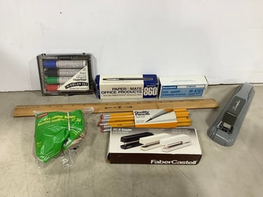 Various Office Supplies (Stapler, Pens, Staples, Markers, and more)
