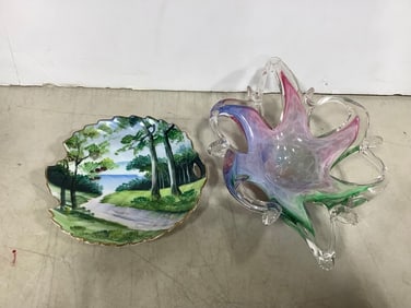 Hand painted plate and Murano art piece bowl(9.5in.long)