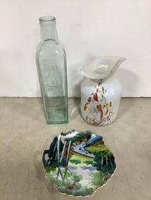 Handpainted plate, glass bottle(10.5in.tall), and Glashutte vase