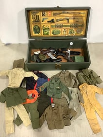Vintage G.I. Joe uniforms, weapons, and case