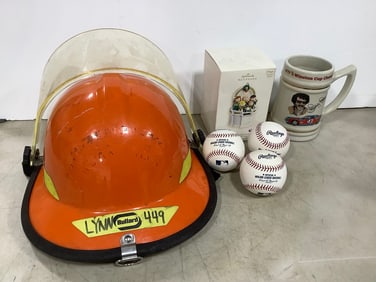Official MLB Baseballs, 1990 Winston Cup Champion Mug, Fire Department Helmet, and more