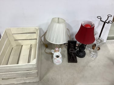 Glass Candle Holders, Table Lamps, Book End, Wooden Crate (10inx13in19in) and more