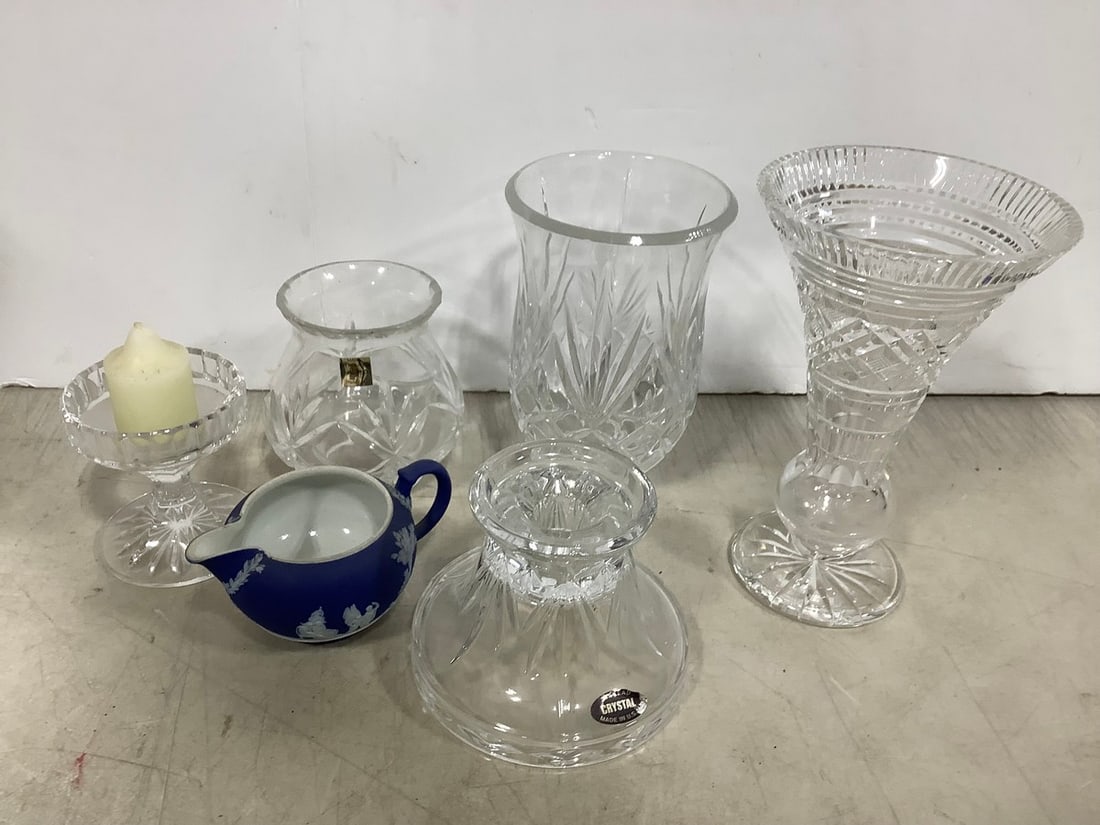 Wedgwood Pitcher, Glass Vases, Candle Holders, and more (Tallest - 8in): Wedgwood Pitcher, Glass Vases, Candle Holders, and more (Tallest - 8in)