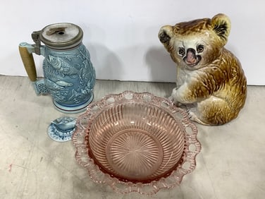 Decorative Stein *top needs to be glued on,* Pink Glass Bowl, and more