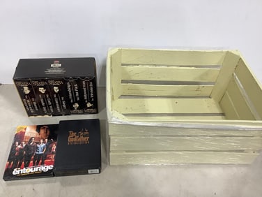 Wooden Crate (10inx19inx13in), Frank Sinatra VHS Tapes, and DVDs