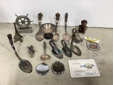 Various Silver Utencils, Metal Trinkets, and more (Tallest - 3.5in)