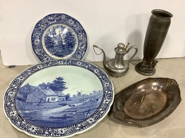 Manning Bowman Oil Can, Ceramic Plates, Pewter Vase (11in.tallest), and more
