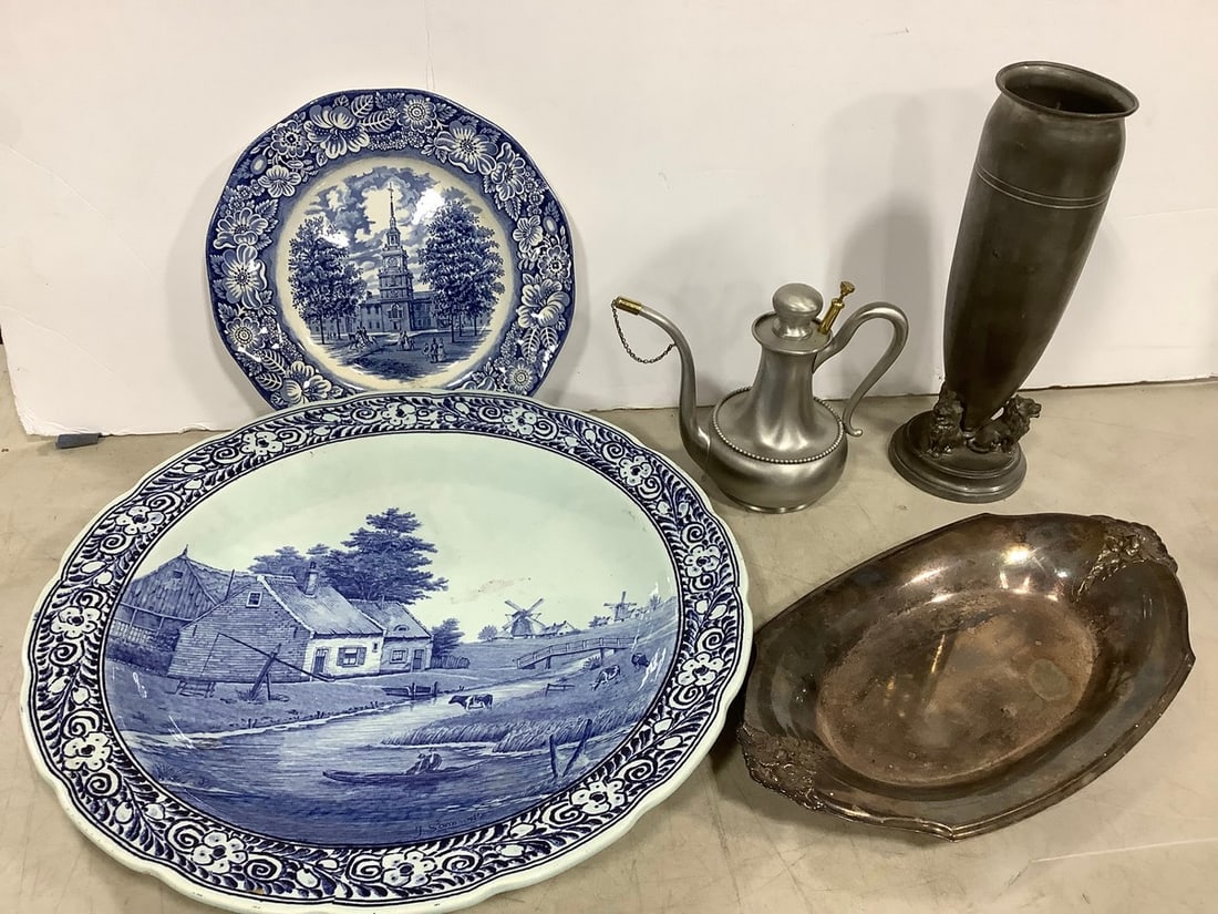 Manning Bowman Oil Can, Ceramic Plates, Pewter Vase (11in.tallest), and more: Manning Bowman Oil Can, Ceramic Plates, Pewter Vase (11in.tallest), and more