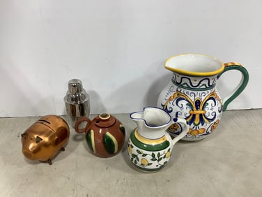 Copper piggy bank, italian handpainted pitchers, and more(tallest 8in.)