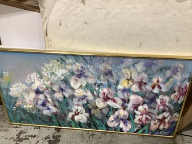 Floral oil on canvas painting signed Lee Reynolds(30.25in.x60.25in.)