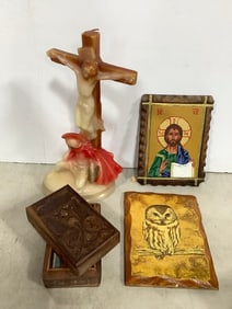 Religious candle(14.5in.tall), artwork, and more