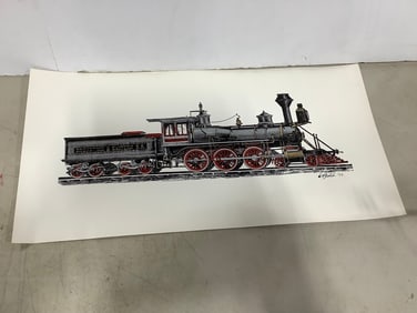 Vintage Brunswick and Eastern railroad block print locomotive 1977 artist signed (10in.x18in.)