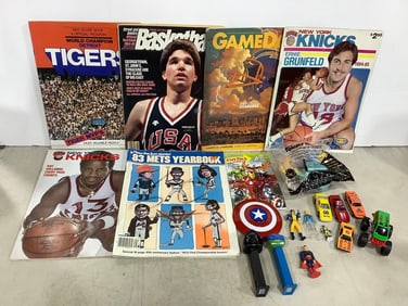 Sports magazines, toy cars, and more