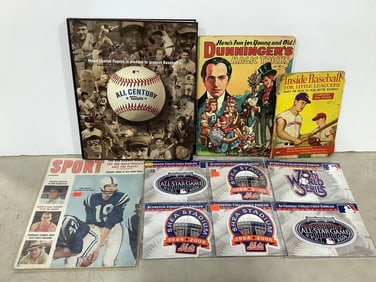Collectible sports emblems, magazines, and more