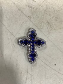 Sterling Silver Diamond Chip Blue Stone Cross