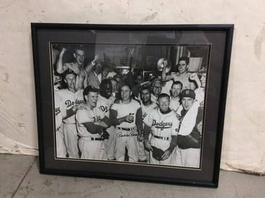 Framed Black and White Dodgers Print Signed PeeWee Reese (20inx24in)