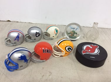 Various Miniature Helmets, Hockey Puck, and more