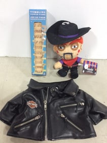 Tumbling tower game, doll clothing Harley Davidson sweater, and more