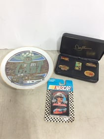 Nascar playing cards, commemorative motorsports plate(8.5in.across), and Davey Allison collectible