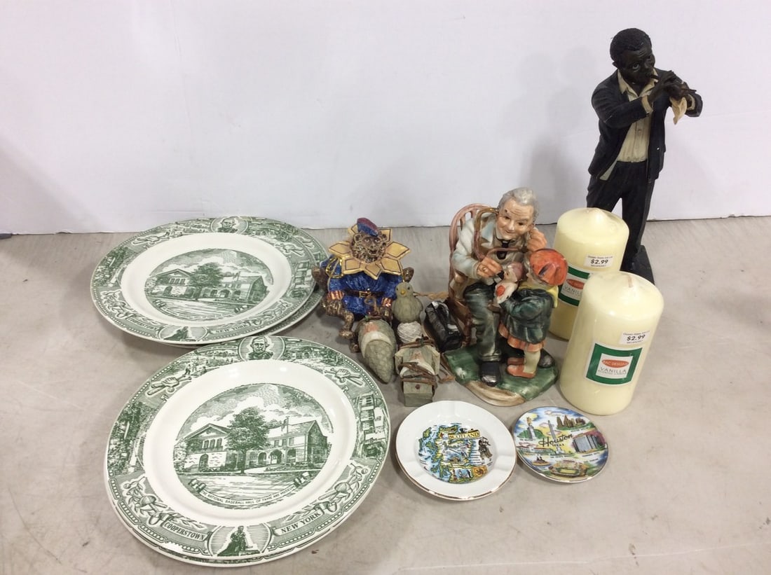 1996 Louis Armstrong statue, Scotland ashtray, decorative plates, more(tallest 12in.): 1996 Louis Armstrong statue, Scotland ashtray, decorative plates, more(tallest 12in.)