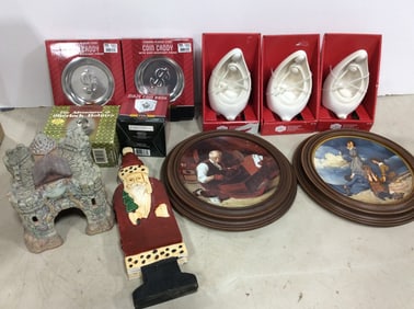 Chrome plated steel coin caddys, stocking holders, Knowles plates(9in.across), and more