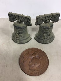 Bicentennial Liberty Bell bookends(6in.tall) and Athletic Association National Collegiate medal