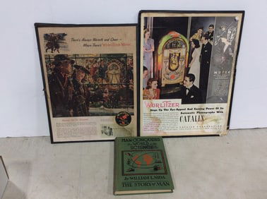 Vintage Man Conquers the World with sciences book and vintage advertising (11.5in.x14.5in.)