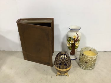 Decorative vase(8.5in.tall), wooden book shaped organizer, Faberge collectible egg