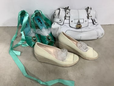 Handbag, Boston Design studio wedges(8) and Disney Jasmine heels(size 8)