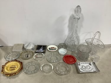Ashtrays, crystal glass decanter(17in.tall), and more