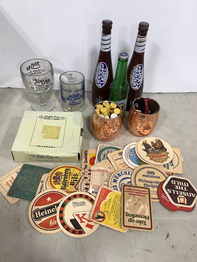 Vintage beer coasters, marble wine bottle coaster, drinking mug/glass, and more(tallest 11.5in.): Vintage beer coasters, marble wine bottle coaster, drinking mug/glass, and more(tallest 11.5in.)