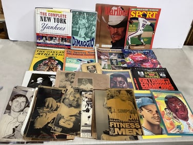 Vintage sports magazines, hardcover baseball books, and more