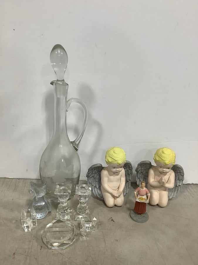 Ceramic angels, 1939 Loew's ren. Auntie Em statue, glass decanter, and more(tallest 16.5in.): Ceramic angels, 1939 Loew's ren. Auntie Em statue, glass decanter, and more(tallest 16.5in.)