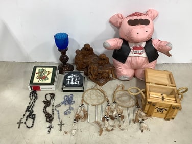 Various coasters, dreamcatchers, votive holder(7.5in.tall), wooden hand carved bookends, and more