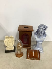 Religious statues, wooden cross box, and more(tallest 12in.)