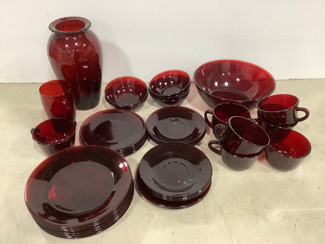 Various Red Glass (Plates, Cups, Vase, and more) Tallest - 9.5in: Various Red Glass (Plates, Cups, Vase, and more) Tallest - 9.5in