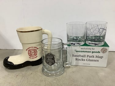 Baseball Park Map Rocks Glasses, Fire Department Ceramic Boot, and HD Police Glass (Tallest - 7in)