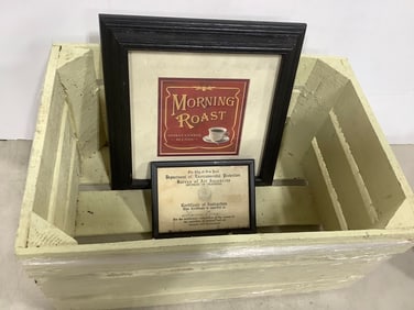 Framed wall decor(largest 12.5in.x12.5in.) and wooden crate