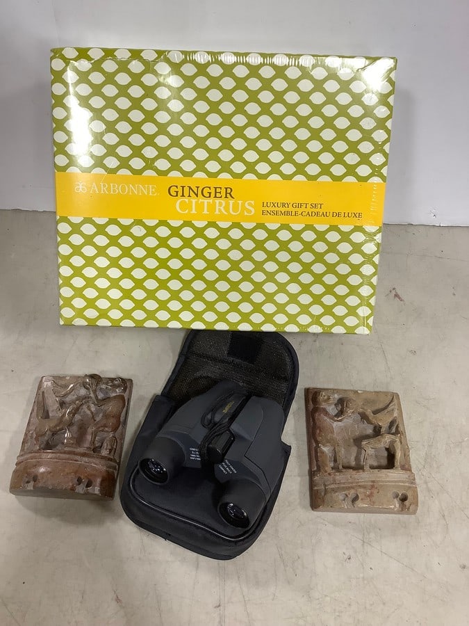 Barska binoculars, Arbonne ginger citrus luxury gift set, and carved sculptures (1 of 1)